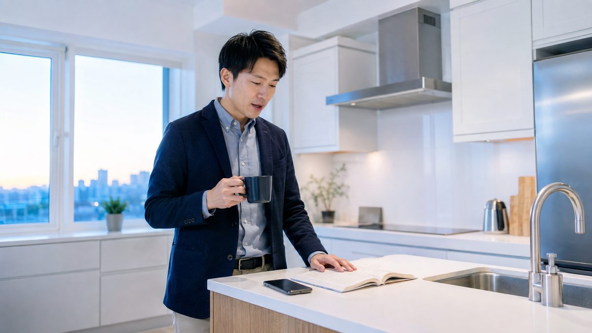 忙しい社会人が毎日30分の英語音読を朝の生活に組み込んでいる様子
