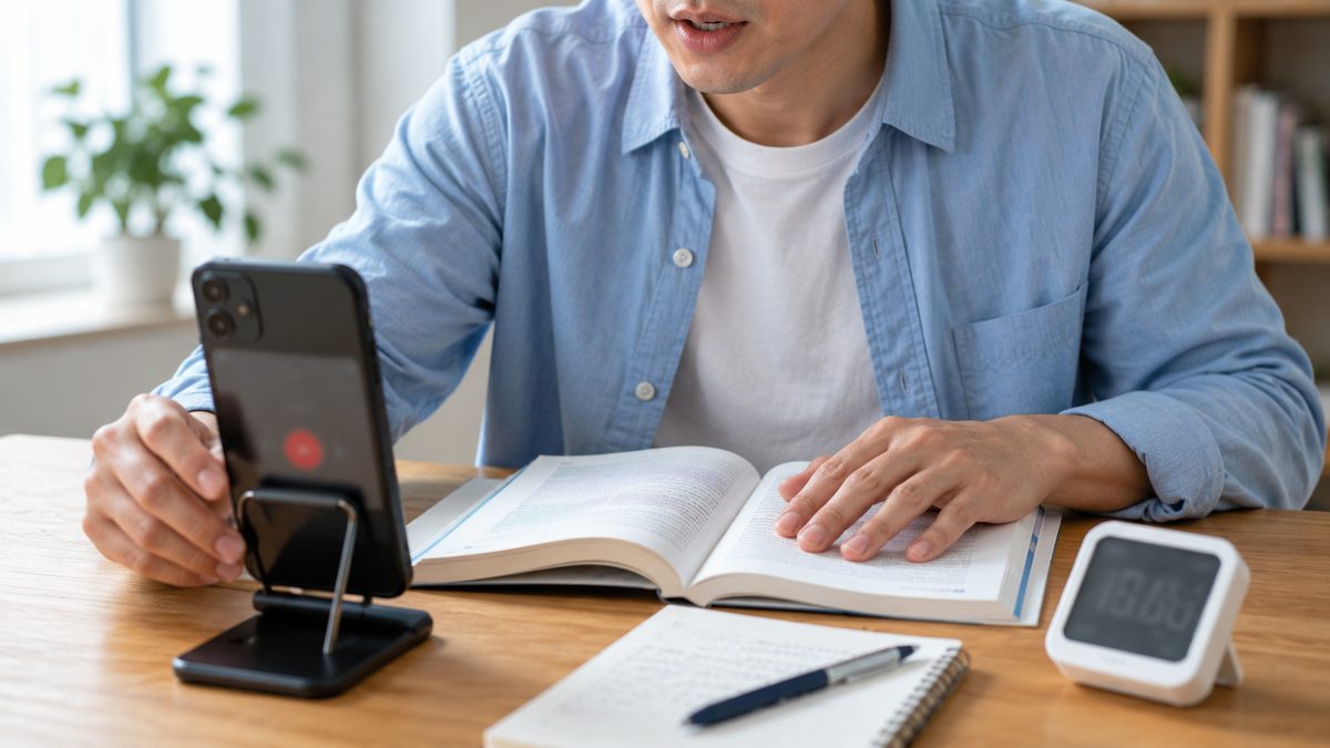 英語の音読を録音して効果の変化を自分で確認する学習者の手元