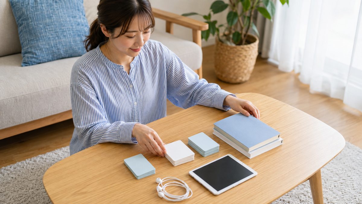 英語の独学で伸びる技能と限界がある技能を、教材を並べて整理する女性