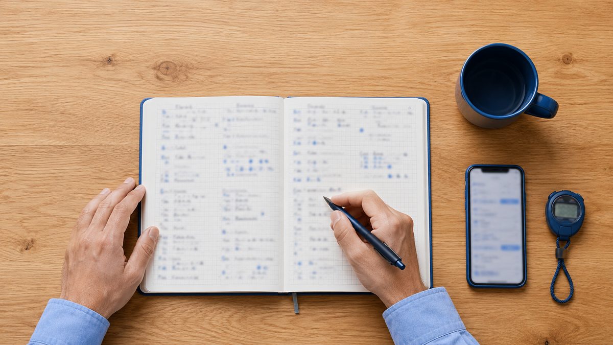 英語の学習時間を記録して累計の積み上がりを確認する社会人の手元