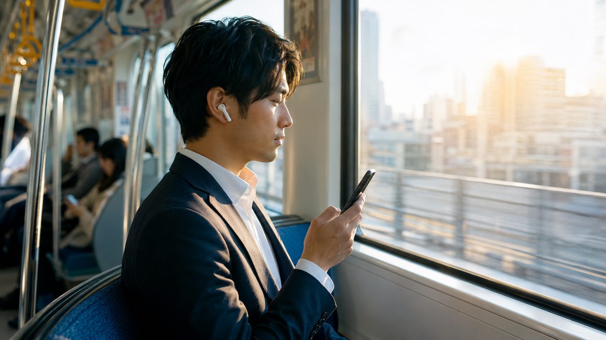 忙しい社会人が通勤時間を英語の学習時間に置き換えている様子