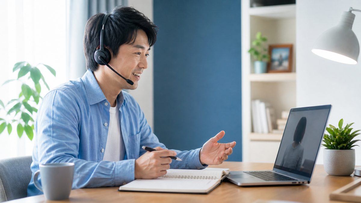 オンラインレッスンで英単語の定着を確認してもらう社会人男性
