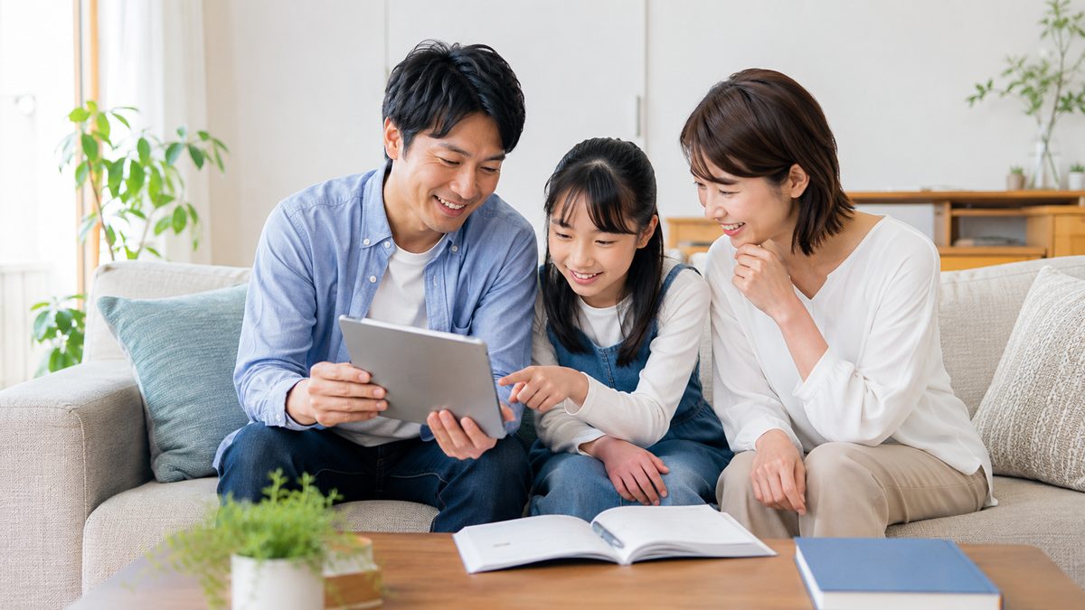 海外赴任に帯同する家族と一緒に生活英語を準備する日本人家族