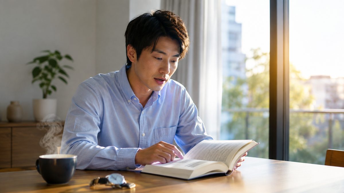 海外赴任の準備として早朝に英語の音読をする社会人