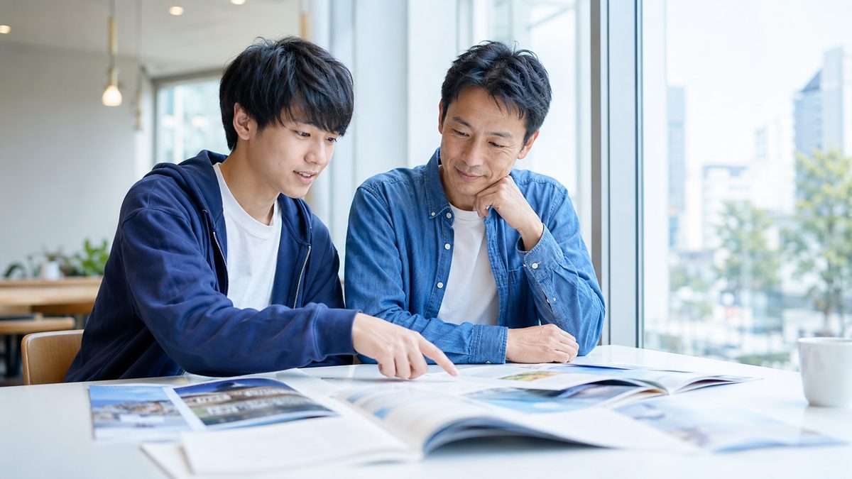 私立大学の英検利用方式を保護者と比較検討する日本人の男子高校生