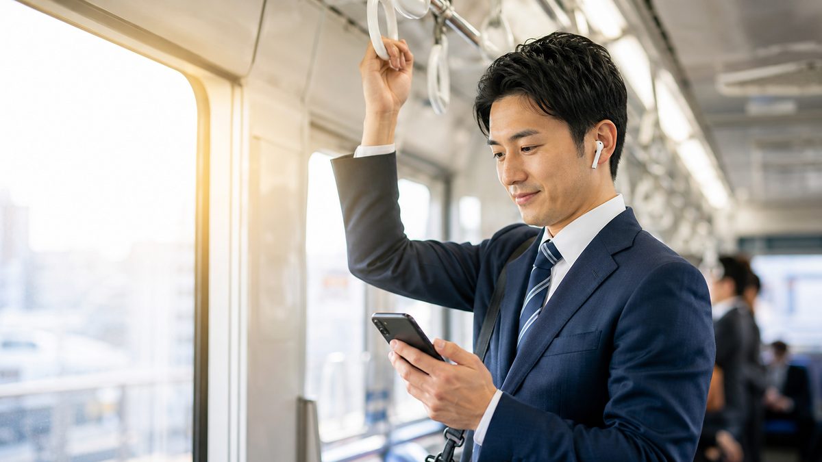 通勤電車の中でスマートフォンの単語アプリを使い、英語を独学する社会人