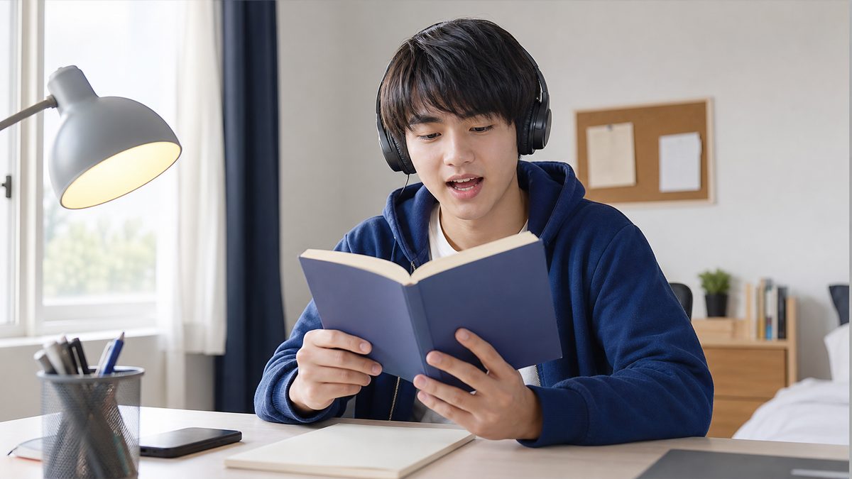 音源を聞きながら英単語を音読する高校生と英検準1級の単語帳