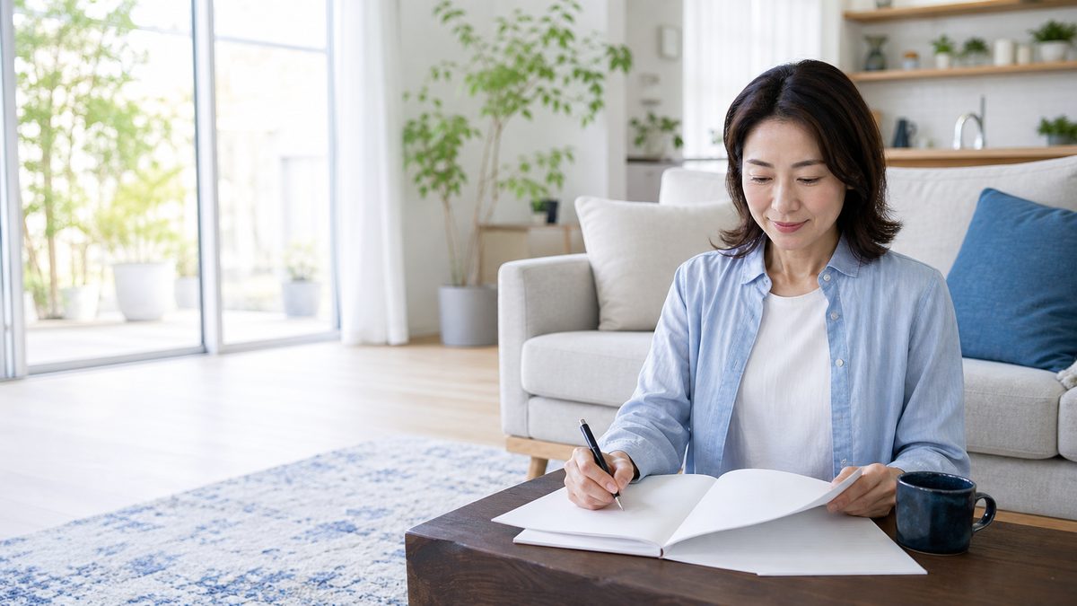 週末に英検準1級の語彙を総復習する女性のリビング学習風景
