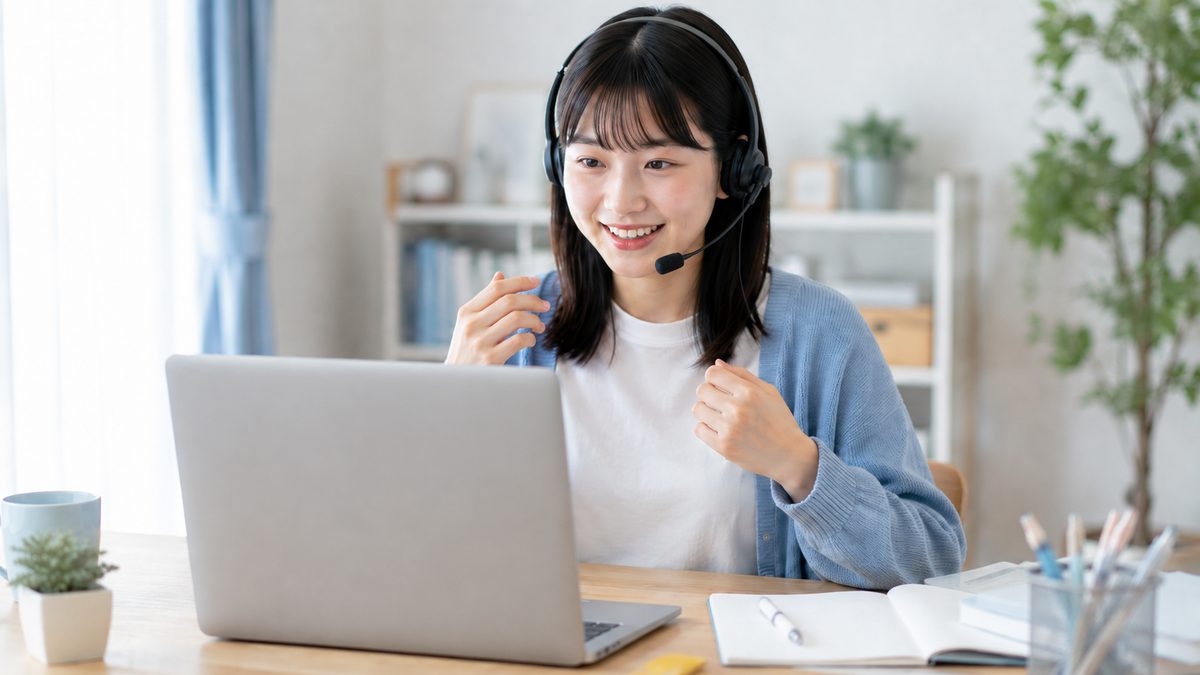 担任制の英検コースでオンラインレッスンを受ける日本人の女子高校生