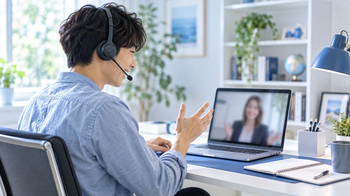 オンライン英会話を1年続けても話せない社会人が、レッスン中に講師へ質問し、フィードバックを積極的に求めている様子