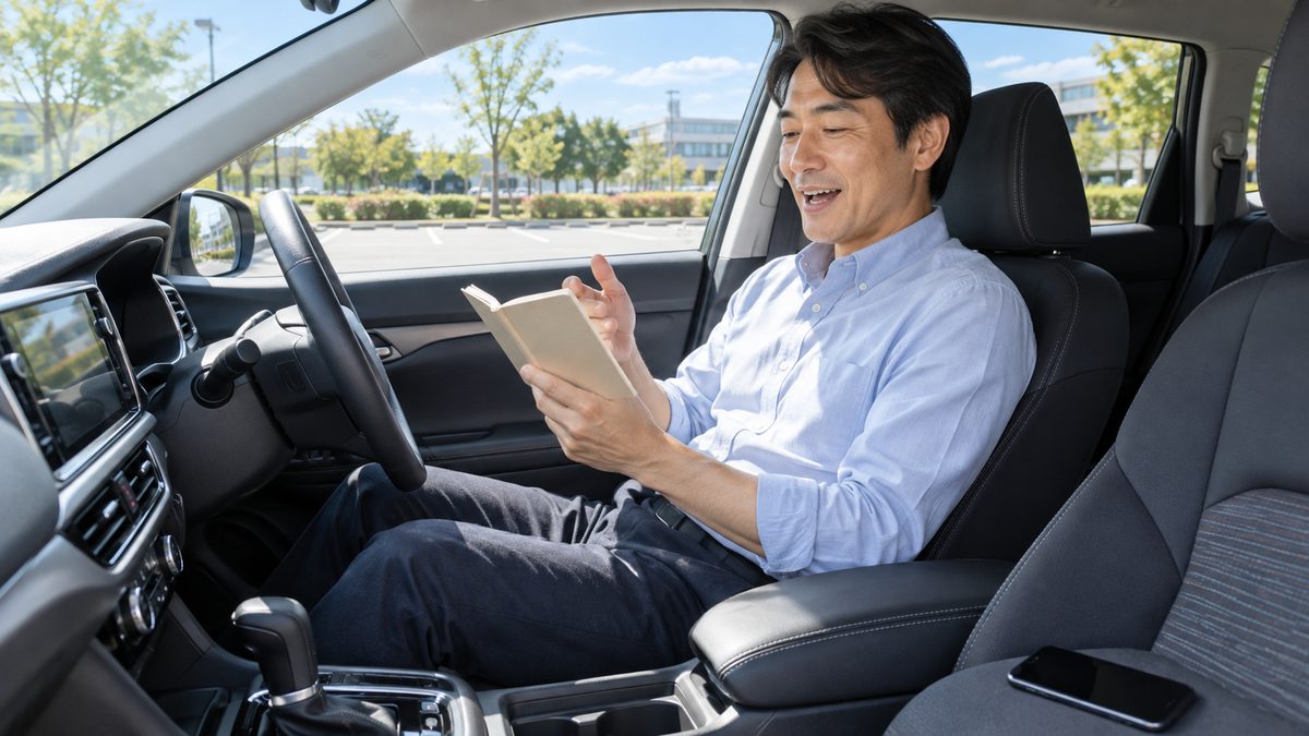 車通勤の社会人が駐車場に停めた車内で、通勤時間に聞いた英語を声に出して練習するスキマ時間の英語学習