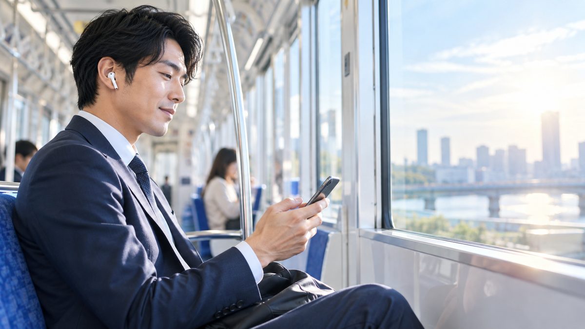 通勤時間のスキマ時間を英語学習に使い、朝の電車でイヤホンを着けて英語の音声を聞く社会人