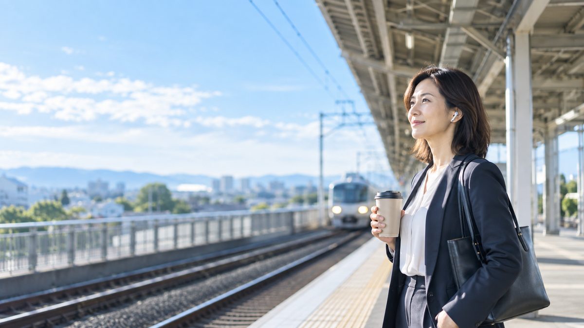 年間で数百時間になる通勤時間のスキマ時間を英語学習に生かそうと、朝の駅のホームで電車を待ちながら前向きに考える社会人