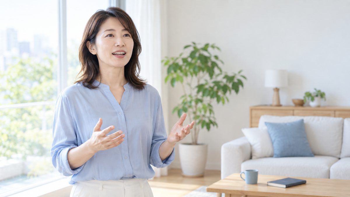 英検1級の二次試験対策として、2分スピーチの練習に取り組む社会人の女性