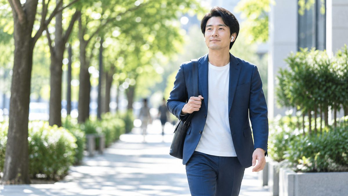 英検1級の二次試験対策を続けて手応えをつかんだ受験者が前を向いて歩く様子