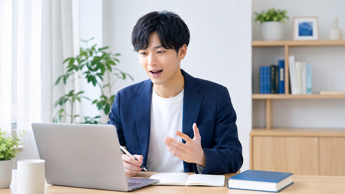 英語が話せない社会人が自宅のデスクでノートパソコンに向かい、声に出して英語を話す練習をしている様子
