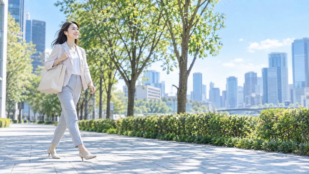英語コーチングは意味ないという迷いを整理し、朝の並木道をイヤホンで英語を聞きながら軽やかに歩く社会人女性