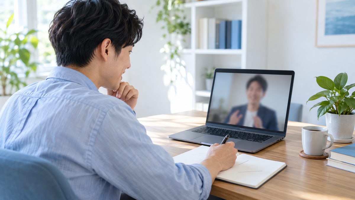 英語コーチングが意味ないものにならないよう、ホームオフィスでオンラインの面談を受けながら確認したいことをメモする社会人男性