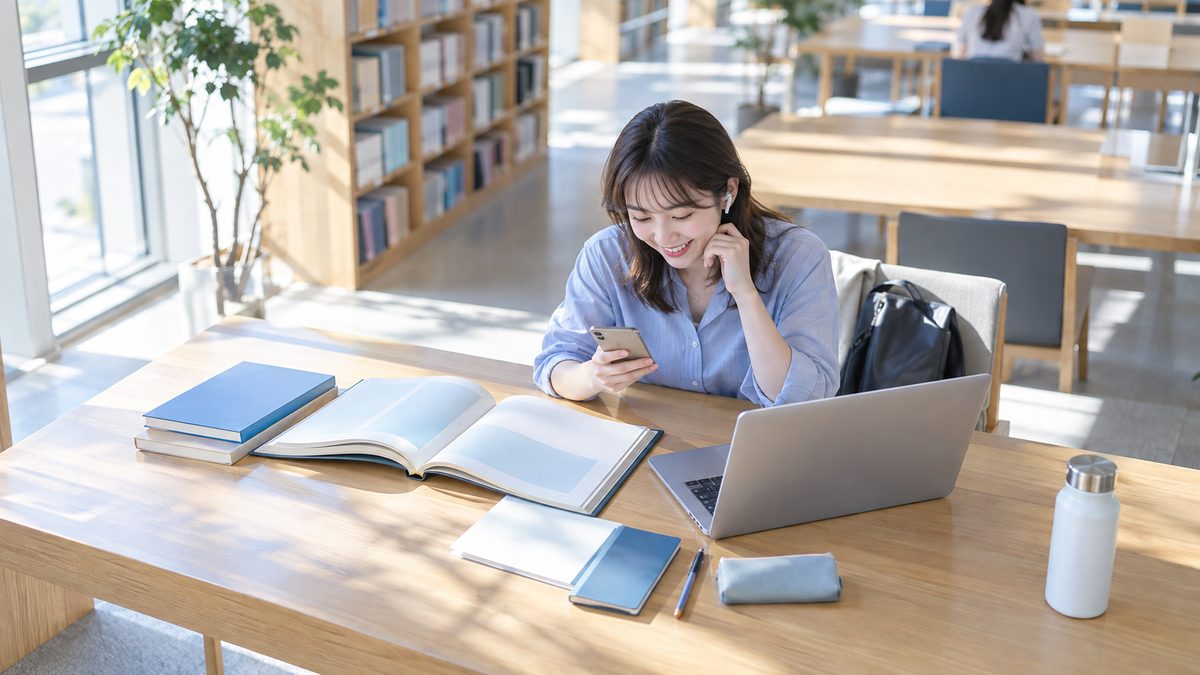 英語コーチングは意味ないのか独学やオンライン英会話と比べるため、図書館の机に英語の本とスマートフォンとノートパソコンを並べて学ぶ女性