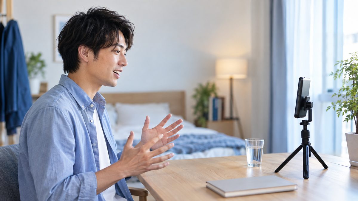 英語コーチングは意味ないと誤解しないため、寝室のデスクでスマートフォンに英語の自己紹介を録音して変化を比べる準備をする男性