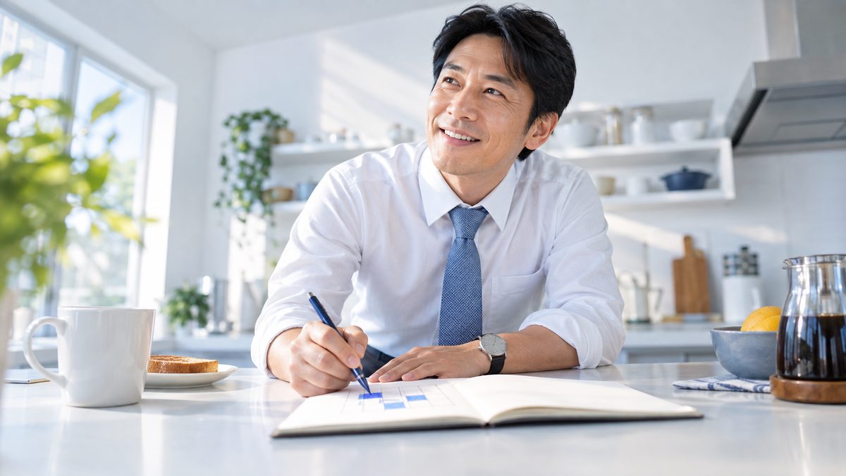 英語コーチングを意味ないもので終わらせないため、朝のキッチンカウンターで1週間の学習時間を手帳に書き込む社会人男性