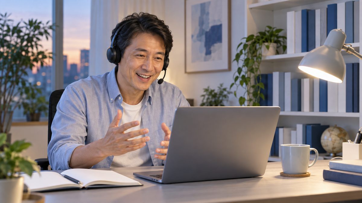 英語コーチングを意味ある6ヶ月にするため、書斎でヘッドセットを着けて担任講師とオンラインレッスンで会話する社会人男性