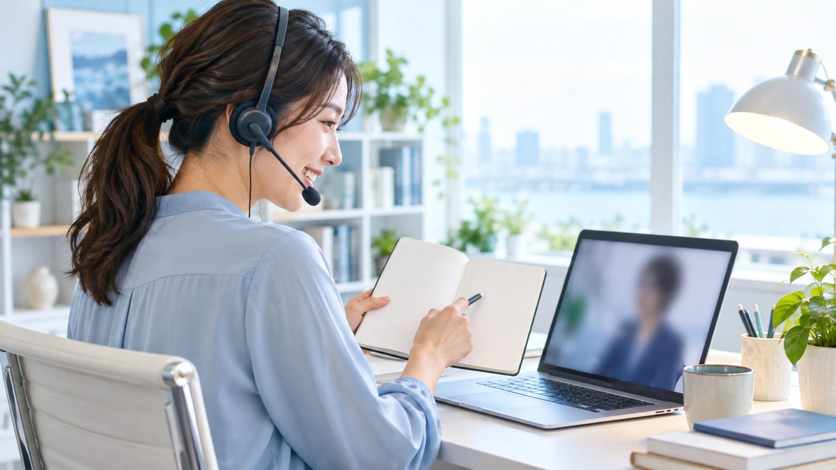 通勤時間やスキマ時間の英語学習を成果につなげるため、自宅でオンラインの英語コーチングを受けて学習計画を相談する社会人