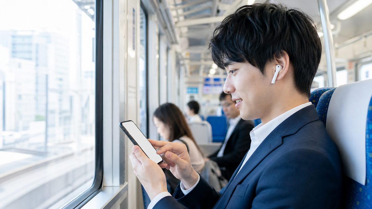 英語が話せない社会人が通勤電車でイヤホンを使って英語を聞きながら、スマートフォンに気づいた表現を打ち込んでいる様子