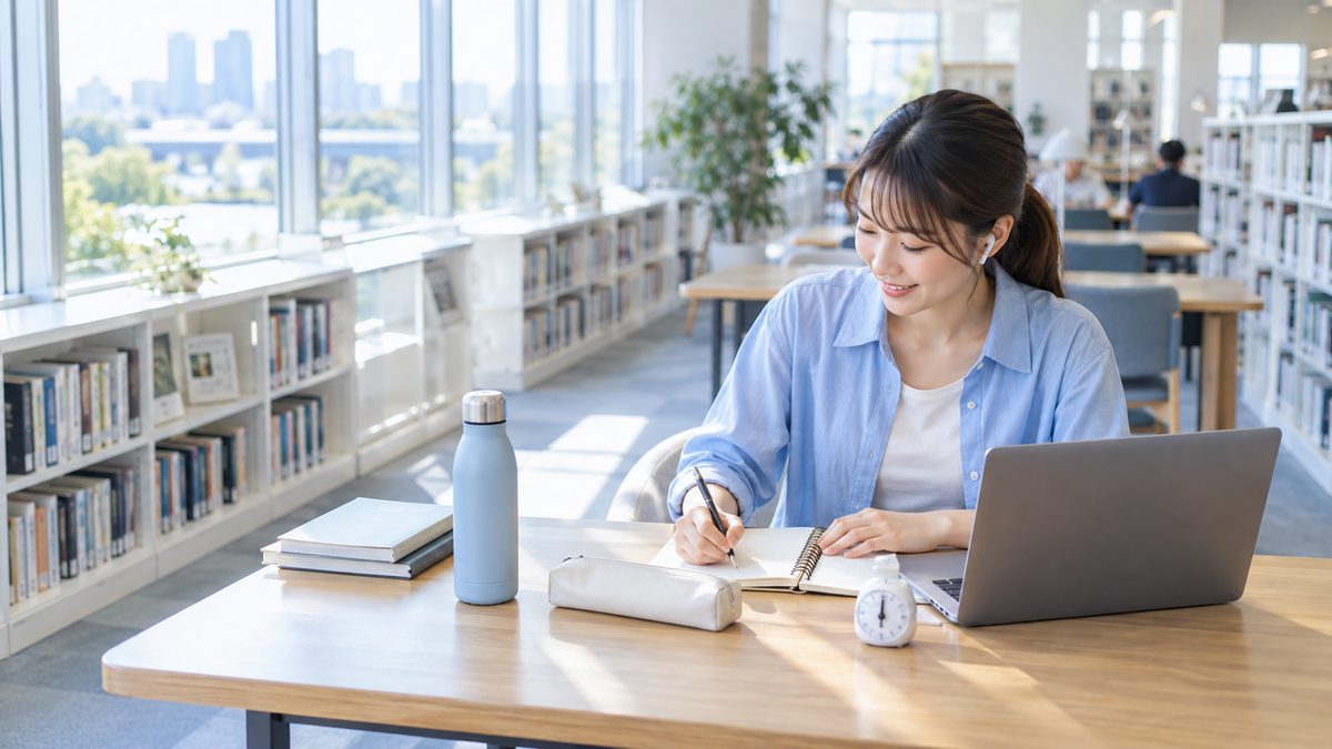 英語ニュースが聞き取れない状態から抜け出すため、図書館の学習席でタイマーを置き1日30分の練習メニューに取り組む女性