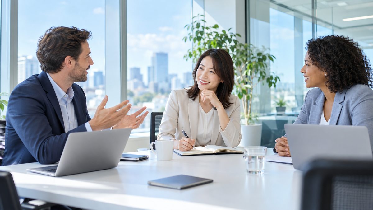 英語ニュースが聞き取れない悩みを乗り越え、オフィスの会議で海外の同僚の話を落ち着いて聞きながらうなずく社会人女性