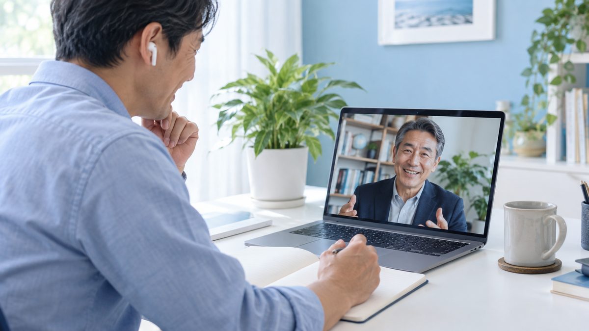 英語ニュースが聞き取れない原因をコーチと一緒に確認するため、自宅でオンラインのコーチング面談を受ける社会人男性