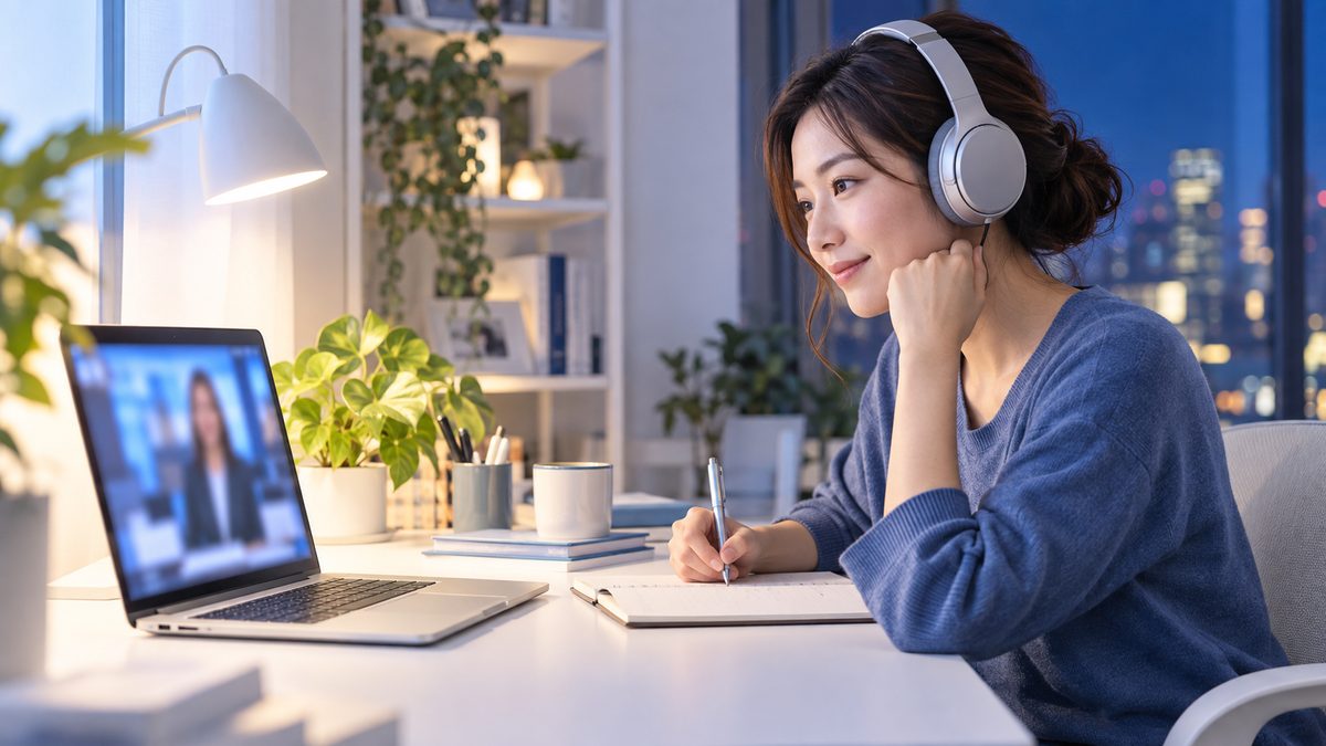 英語ニュースが聞き取れない悩みを解消するため、自宅のデスクでヘッドホンを着けて英語ニュースを聞き要点をメモする社会人