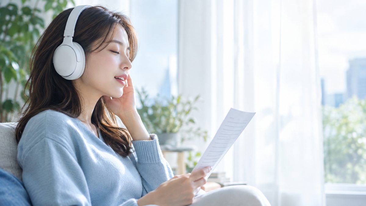 英語ニュースが聞き取れない音の壁を越えるため、窓辺でヘッドホンを着けて音声に合わせて声に出す練習をする女性