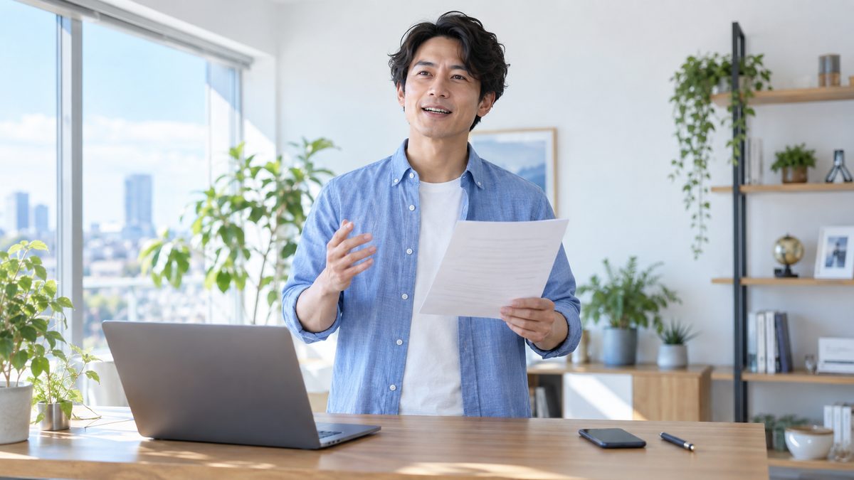 英語ニュースが聞き取れない処理速度の壁に向けて、スタンディングデスクで英文を区切りながら音読し要約する男性