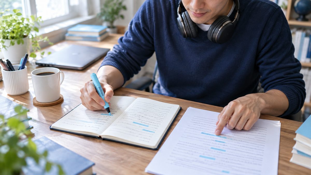 英語ニュースが聞き取れない箇所を見つけるため、ディクテーションした英文とスクリプトを照らし合わせて印をつける手元