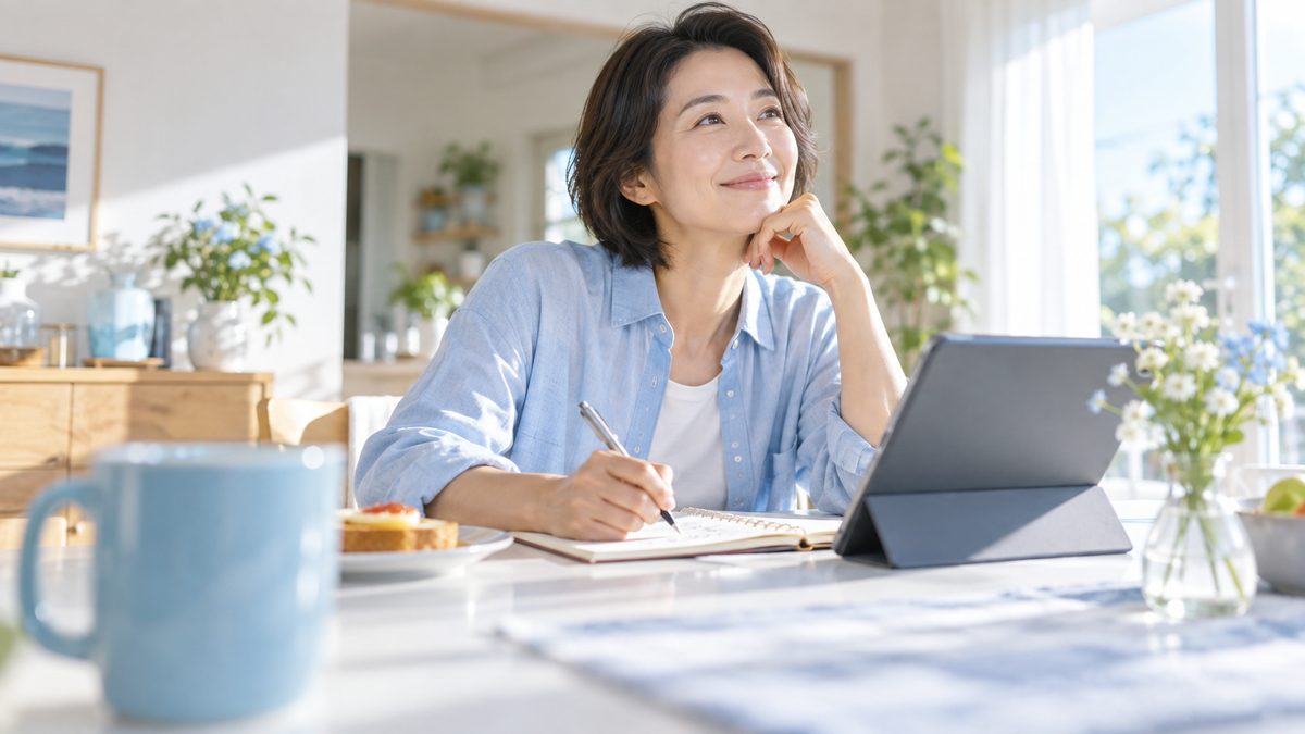 英語ニュースが聞き取れない語彙と背景知識の壁を補うため、朝のダイニングでニュースを確認しながら単語をノートにまとめる女性
