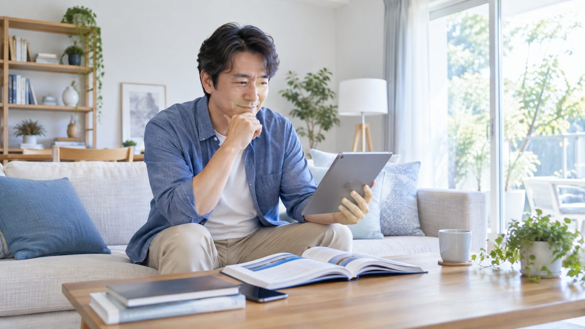 英語ニュースが聞き取れない理由を知るため、リビングで英語の教材とタブレットのニュース映像を見比べる社会人男性