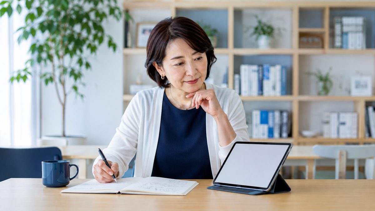 英語が話せない社会人が、学習の疑問点をノートに書き出して一つずつ確認しているワークスペースの様子