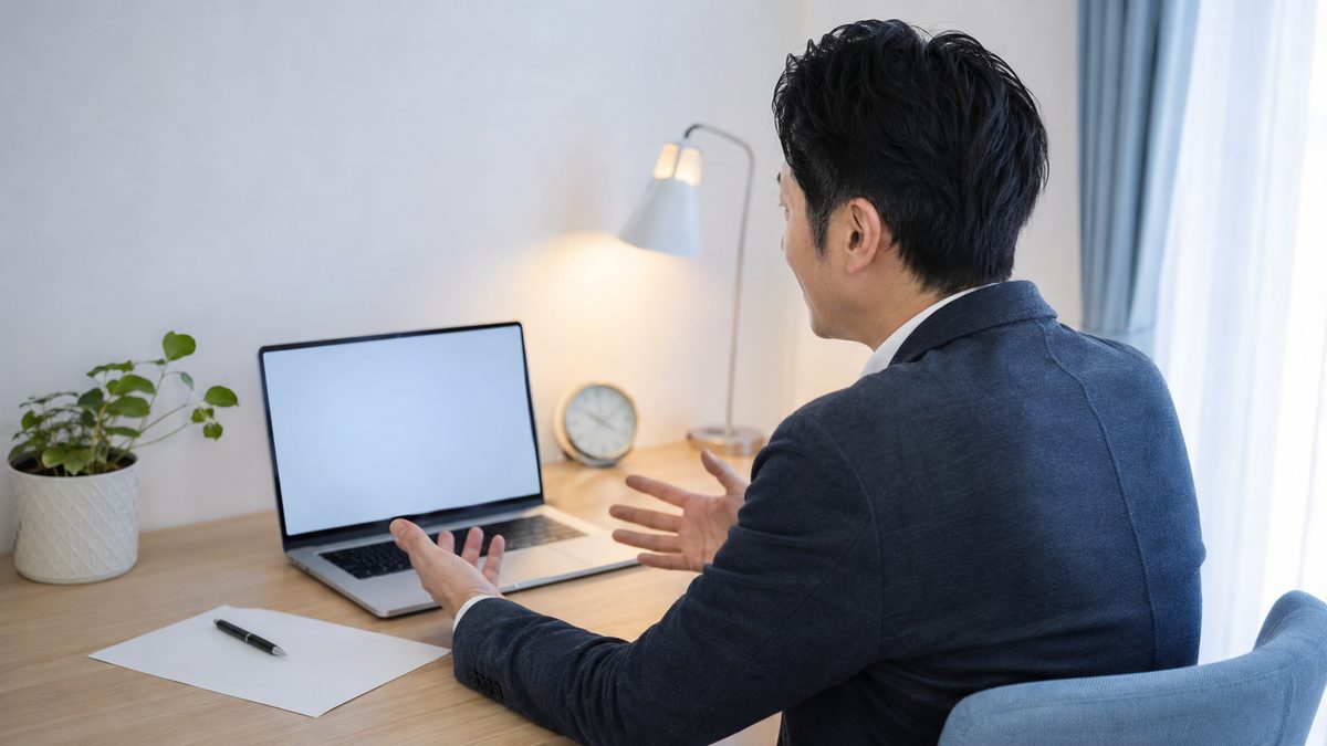外資系転職の英語面接に臨む40代の日本人男性が、自宅のデスクでオンライン面接を受けている様子