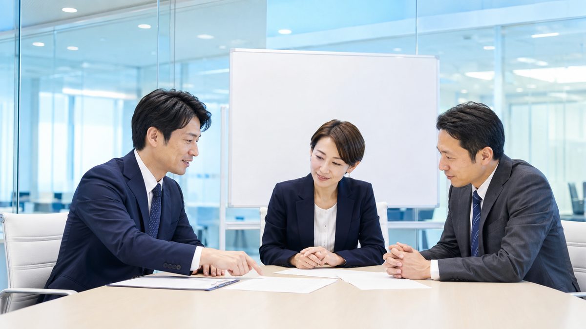 業界によって外資系転職で求められる英語力が変わることを示す、会議室で資料を囲む日本人ビジネスパーソン3名