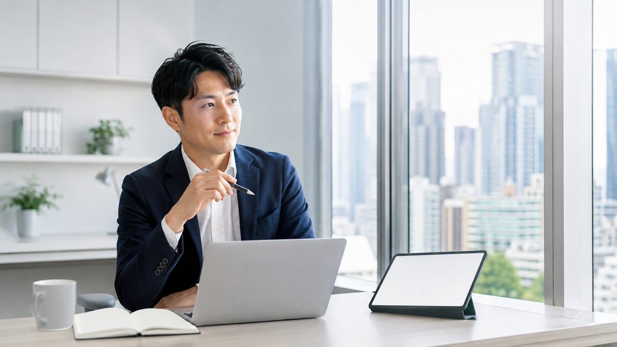 外資系への転職に必要な英語力の基準を確認するため、オフィスでノートパソコンとタブレットを開いている30代のビジネスパーソン