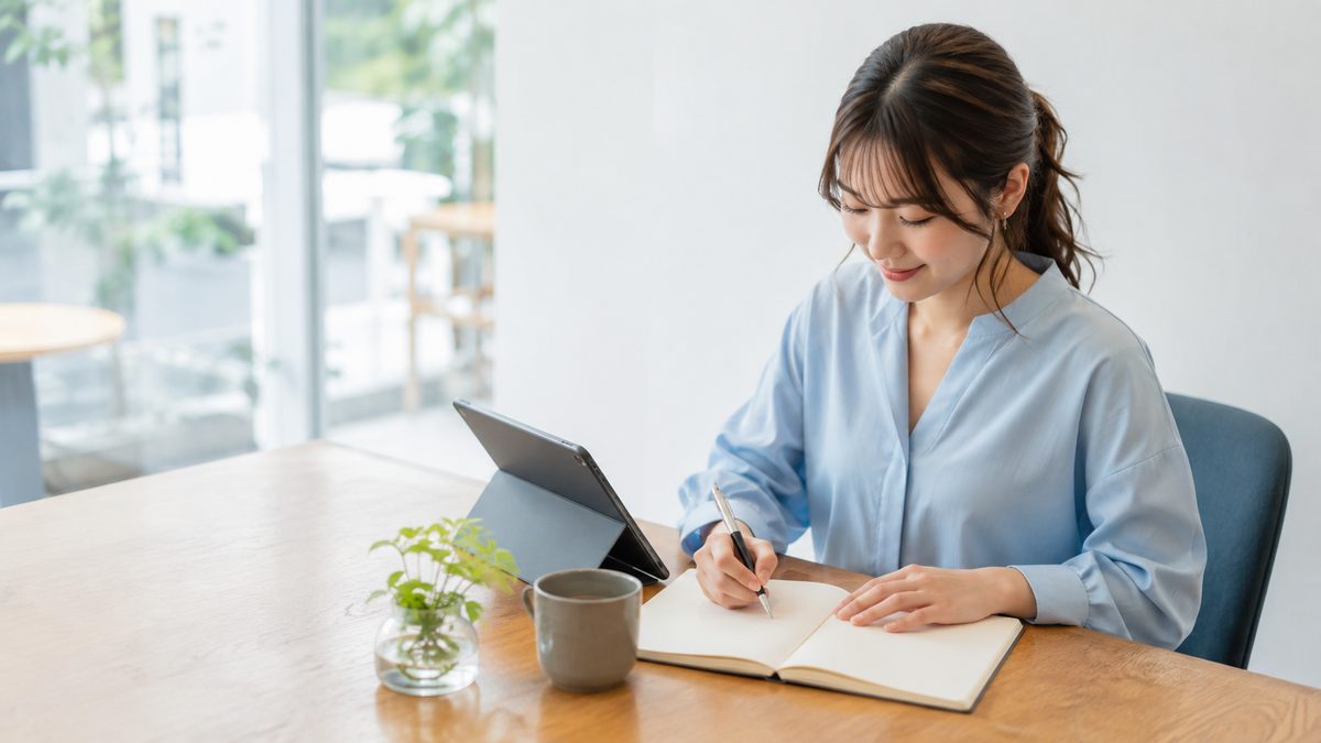 外資系の転職求人で求められる英語力の条件を、タブレットと手帳で整理している20代の社会人女性