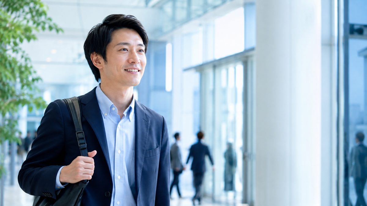 英語が話せない社会人が学習の前提を見直し、前向きに次の一歩へ進もうとしているオフィスエントランスの様子