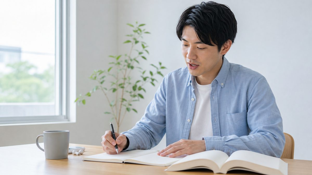 中学英語のやり直しに取り組む社会人が、自宅のデスクで参考書とノートを開いて声に出して練習している様子