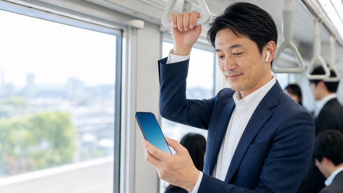 忙しい社会人が中学英語のやり直しを続けるために、通勤中のすき間時間でスマートフォンの音声教材を聞いている