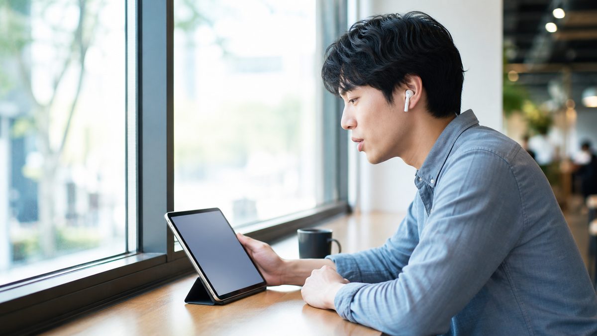 中学英語のやり直しの学習ステップとして、イヤホンをつけて音読とシャドーイングに取り組む社会人男性