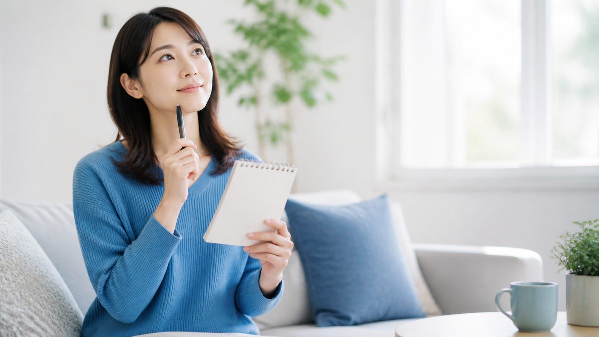 中学英語のやり直しを始める前に、日本語を英語に言い換えられるか声に出して確かめる社会人女性