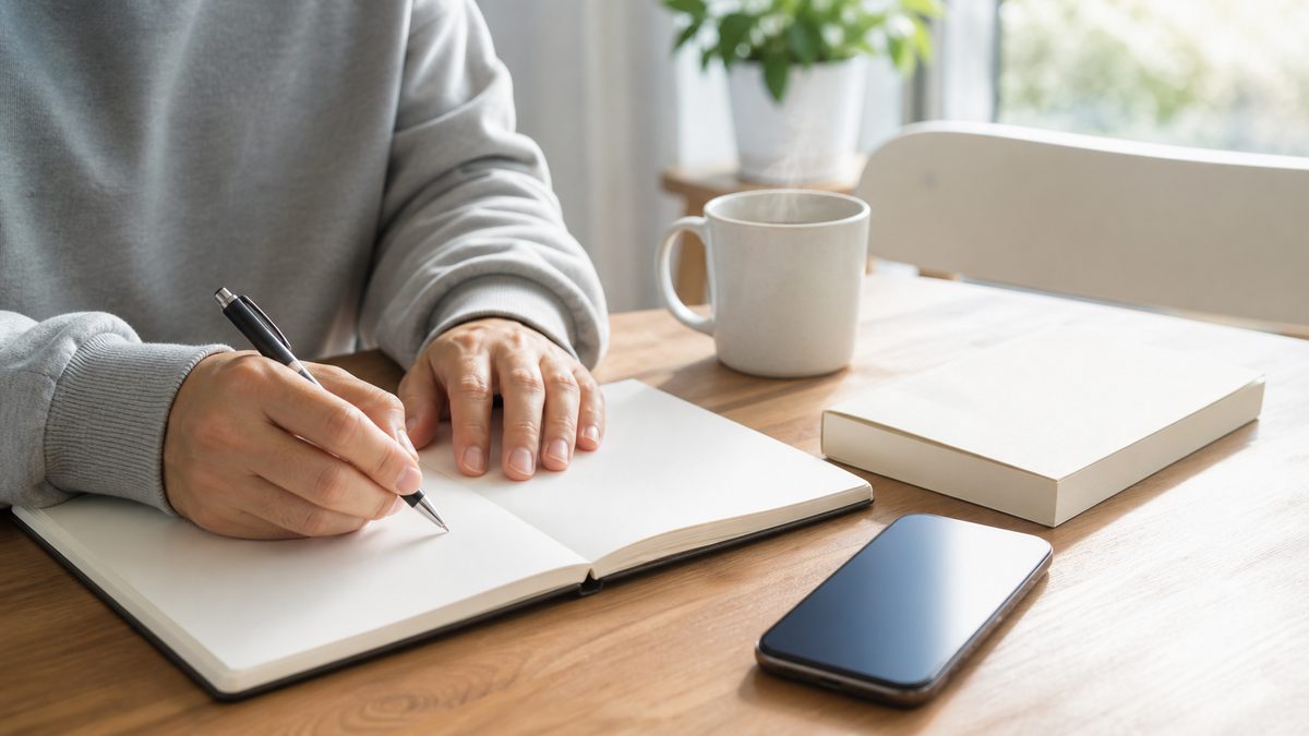 中学英語のやり直しの範囲と順番をノートに書き出して学習計画を立てる社会人の手元