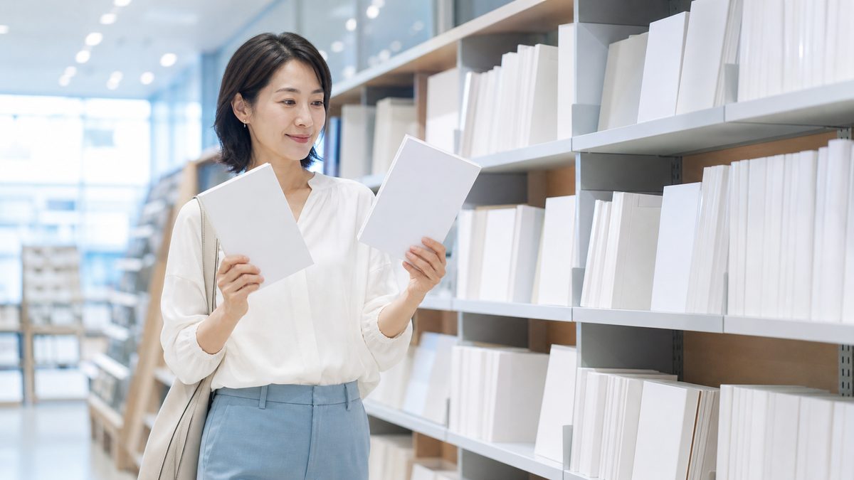 中学英語のやり直しに使う教材を目的別に比較し、書店の棚の前で参考書を選ぶ社会人女性