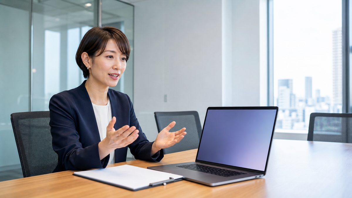 中学英語のやり直しを終えて、英語のオンライン会議で落ち着いて発言する社会人
